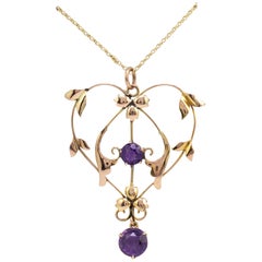 Art Nouveau Amethyst Heart and Flowers Pendant Necklace circa 1900