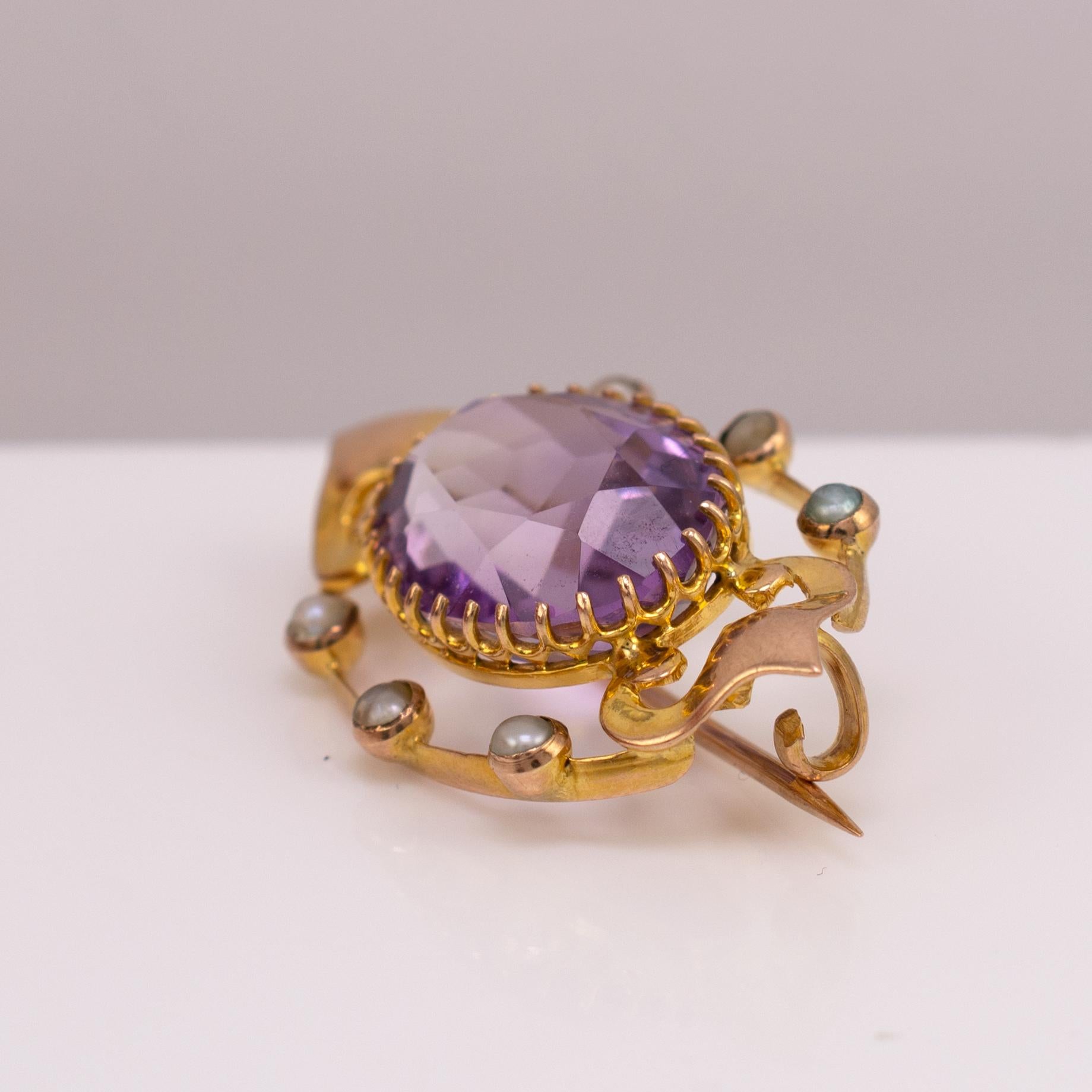 Art Nouveau Gold Amethyst & Pearl Lace Pin Brooch, circa 1900 6