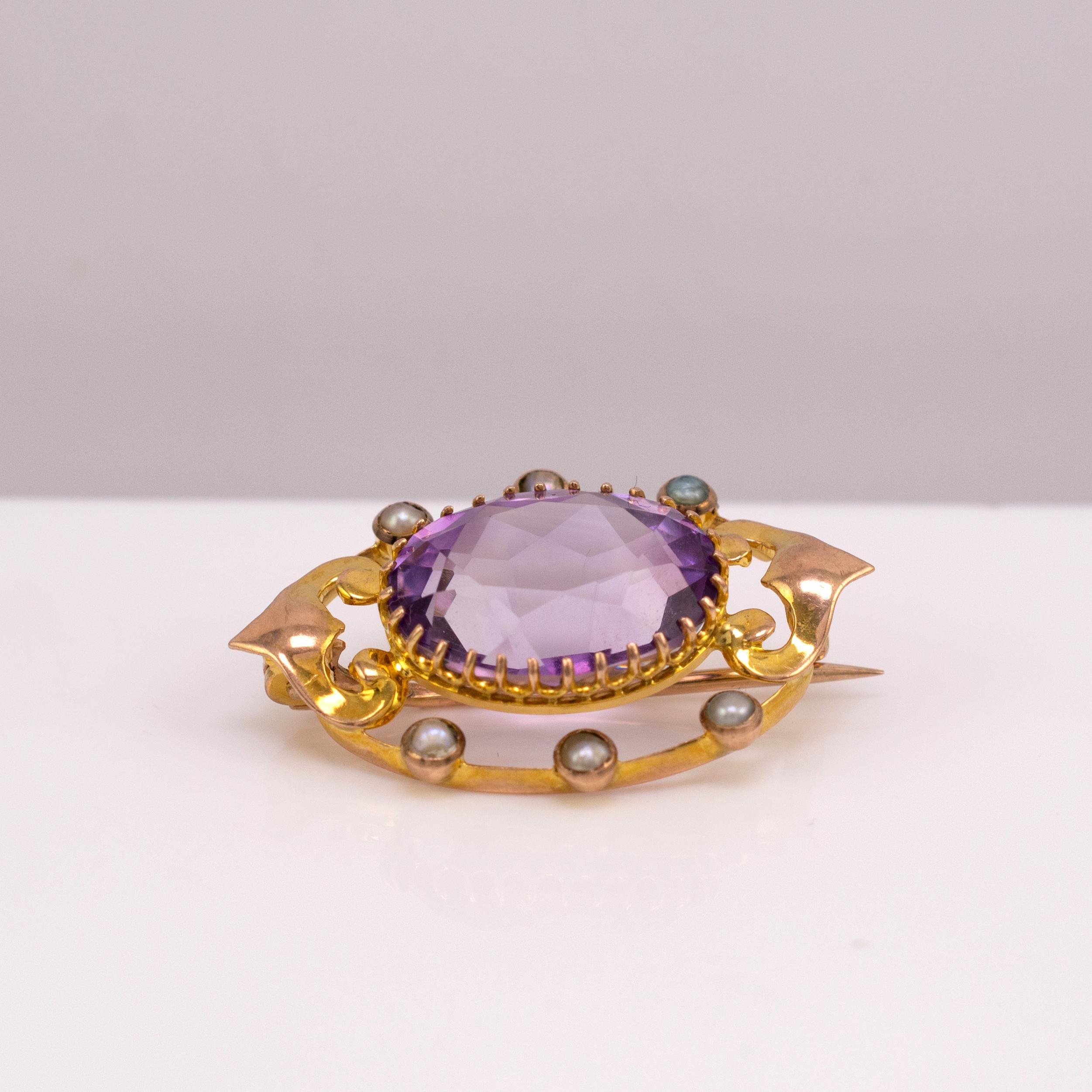 Art Nouveau Gold Amethyst & Pearl Lace Pin Brooch, circa 1900 In Good Condition In Preston, Lancashire