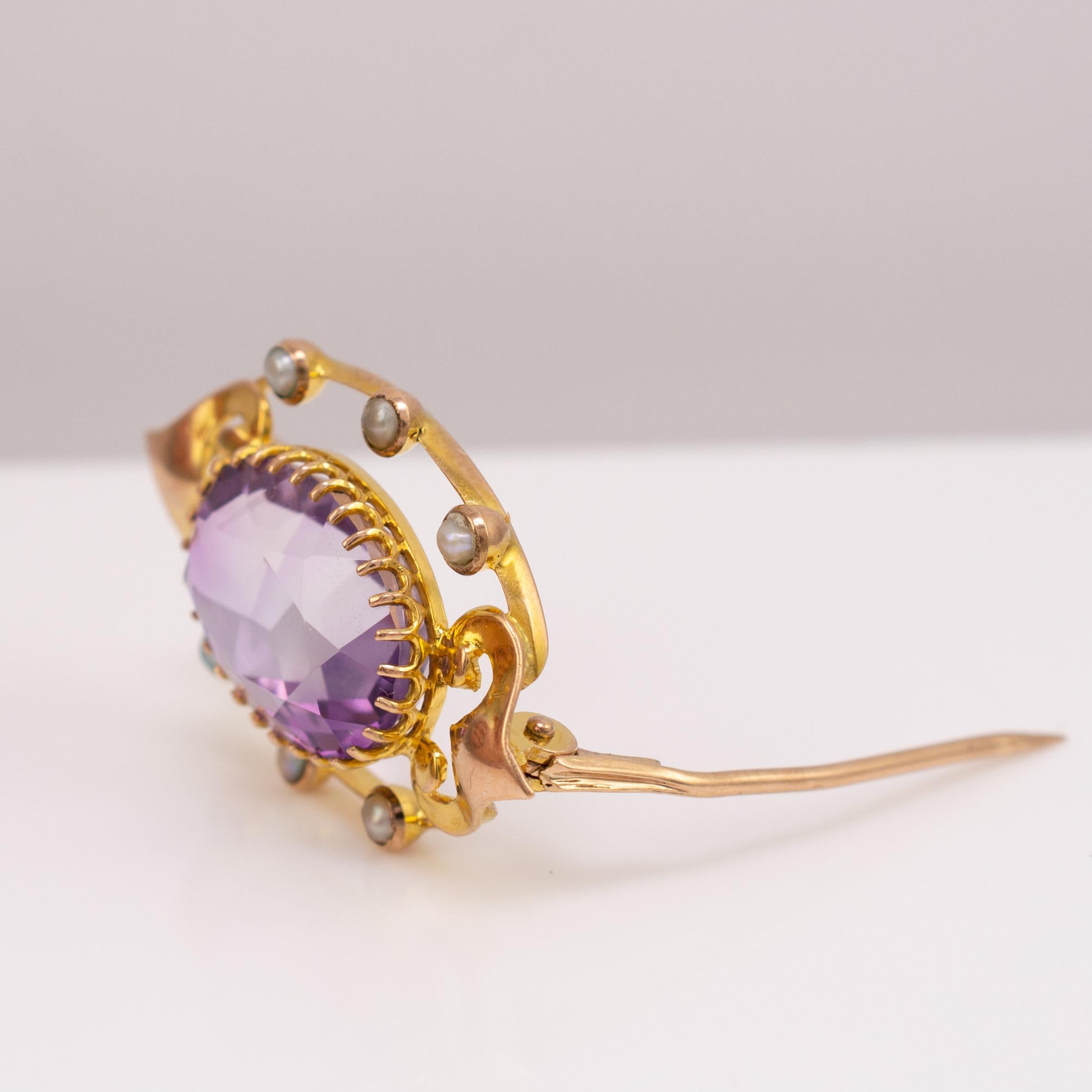 Art Nouveau Gold Amethyst & Pearl Lace Pin Brooch, circa 1900 4