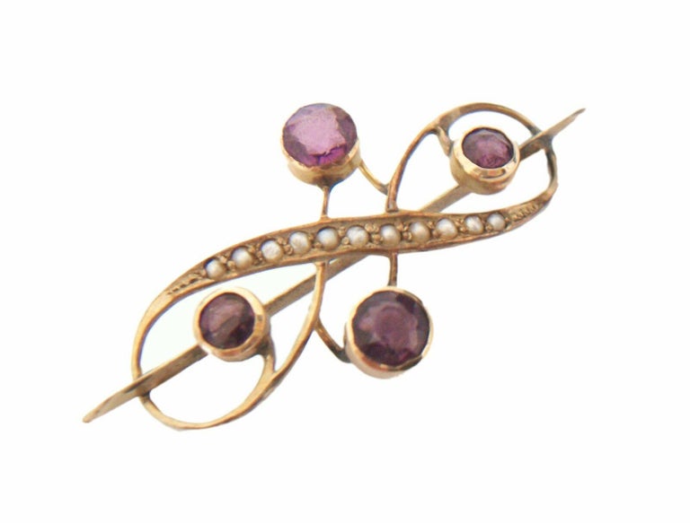 Round Cut Art Nouveau Amethyst Paste & Seed Pearl Brooch - 10K Gold - Signed - C. 1930's For Sale