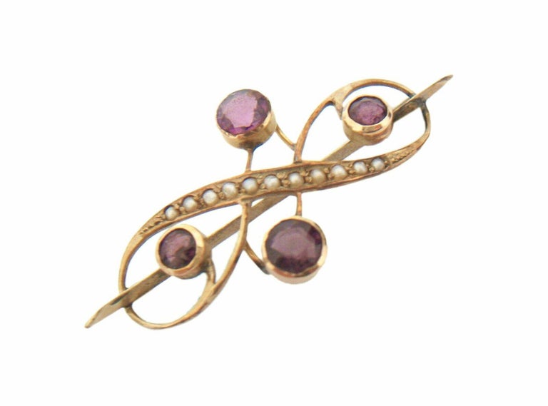 Art Nouveau Amethyst Paste & Seed Pearl Brooch - 10K Gold - Signed - C. 1930's In Good Condition For Sale In Chatham, CA