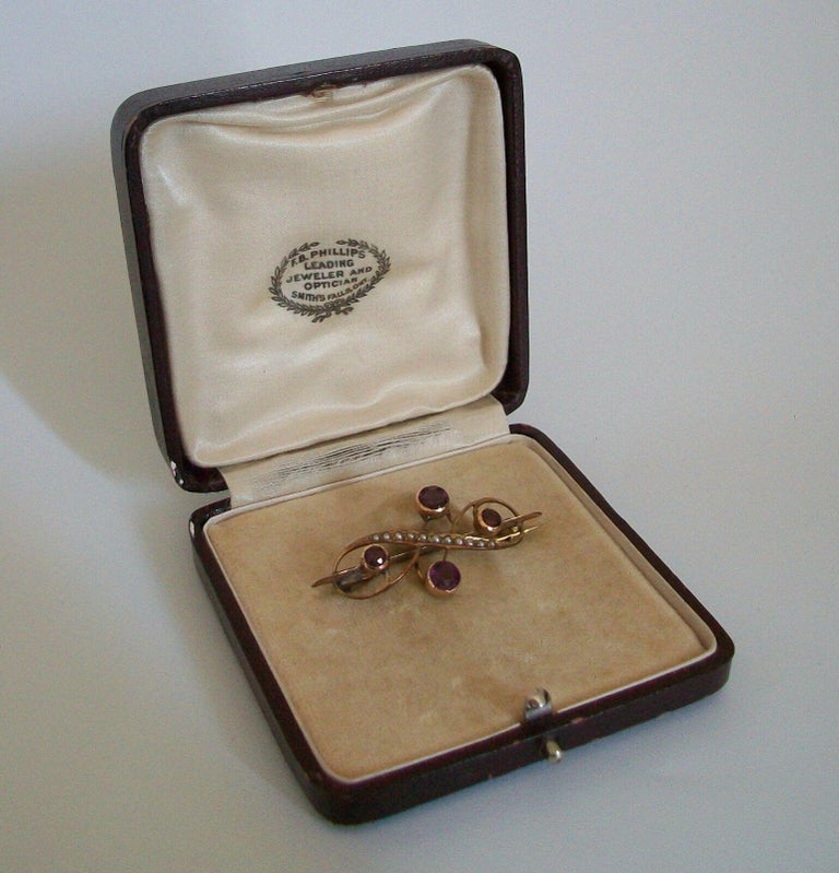 Women's Art Nouveau Amethyst Paste & Seed Pearl Brooch - 10K Gold - Signed - C. 1930's For Sale