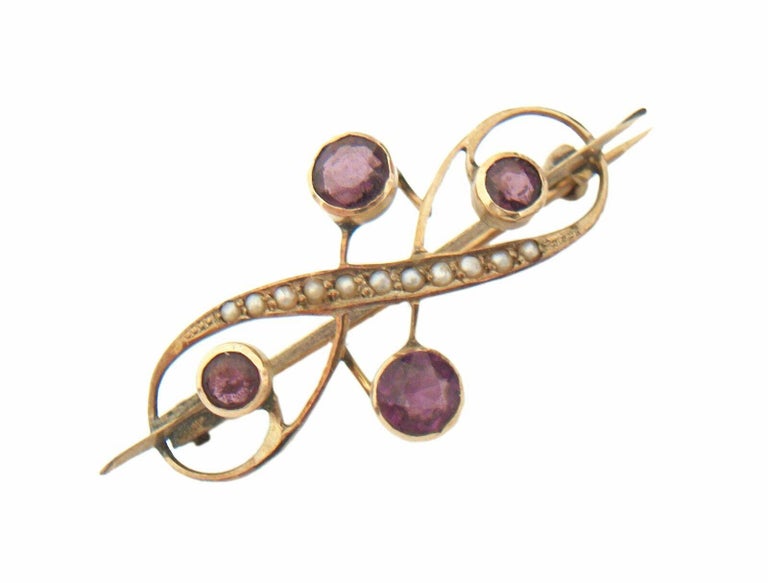 Art Nouveau Amethyst Paste & Seed Pearl Brooch - 10K Gold - Signed - C. 1930's For Sale 3