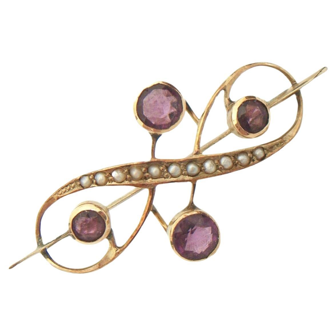 Art Nouveau Amethyst Paste & Seed Pearl Brooch - 10K Gold - Signed - C. 1930's