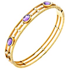 Art Nouveau Amethyst Pearl 14 Karat Gold Bangle Bracelet