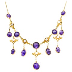 Art Nouveau Amethyst Pearl 14 Karat Gold Station Fringe Drop Necklace