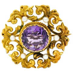 Art Nouveau Amethyst Pearl 14 Karat Gold Watch Pin Brooch