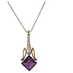 Art Nouveau Amethyst Pearl 21 Karat Yellow Gold Drop Pendant Antique Necklace