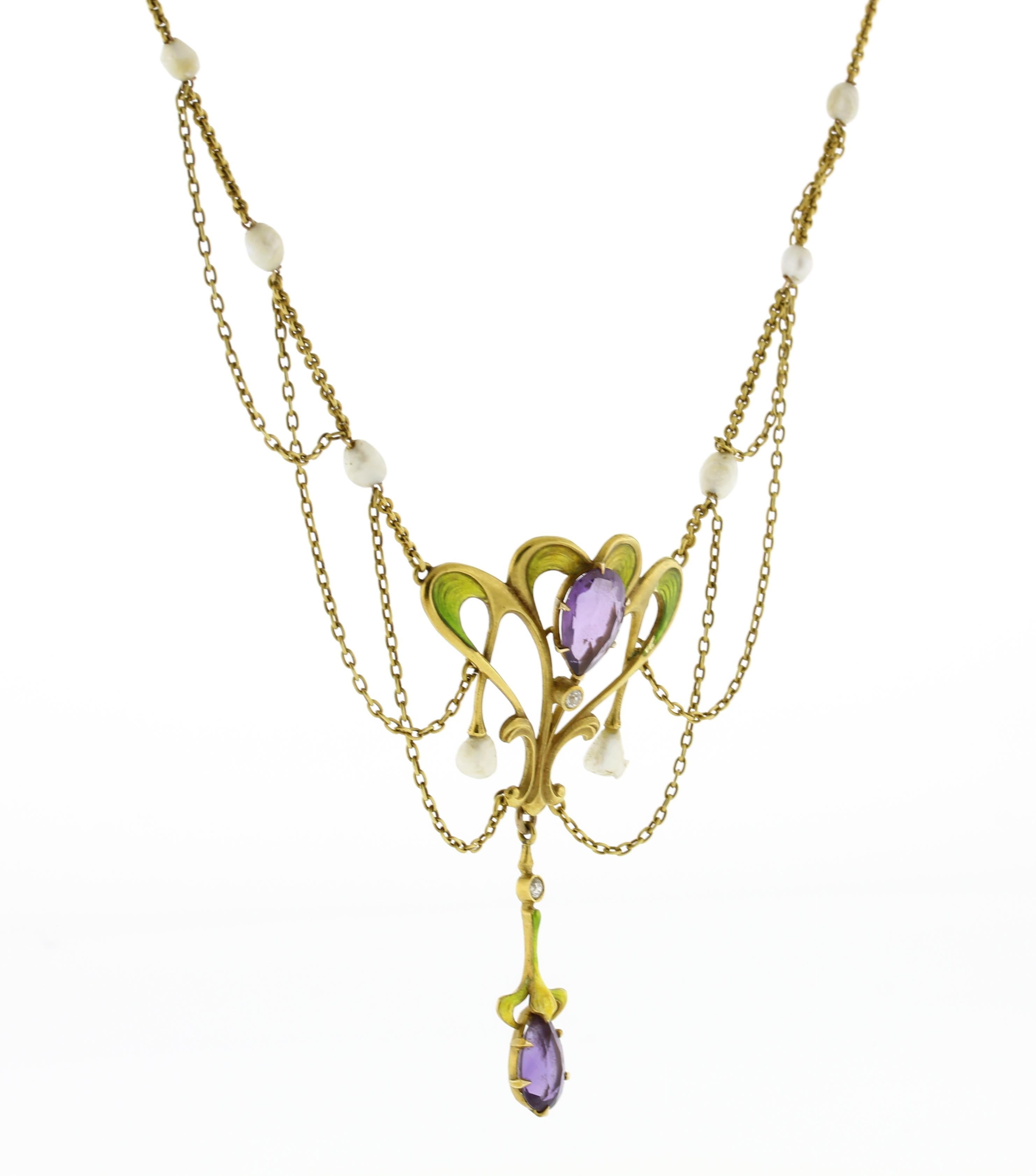 This 18kt yellow gold necklace has green enamel and gemstones.
• Metal:18kt Yellow Gold 
• Circa: 1890s
• Gemstone: 2 Diamonds, 2 Amethysts, 8 Pearls
• Weight: 10.7 grams
• Length: 16.25 inches
• Packaging: Pampillonia presentation box
• Condition: