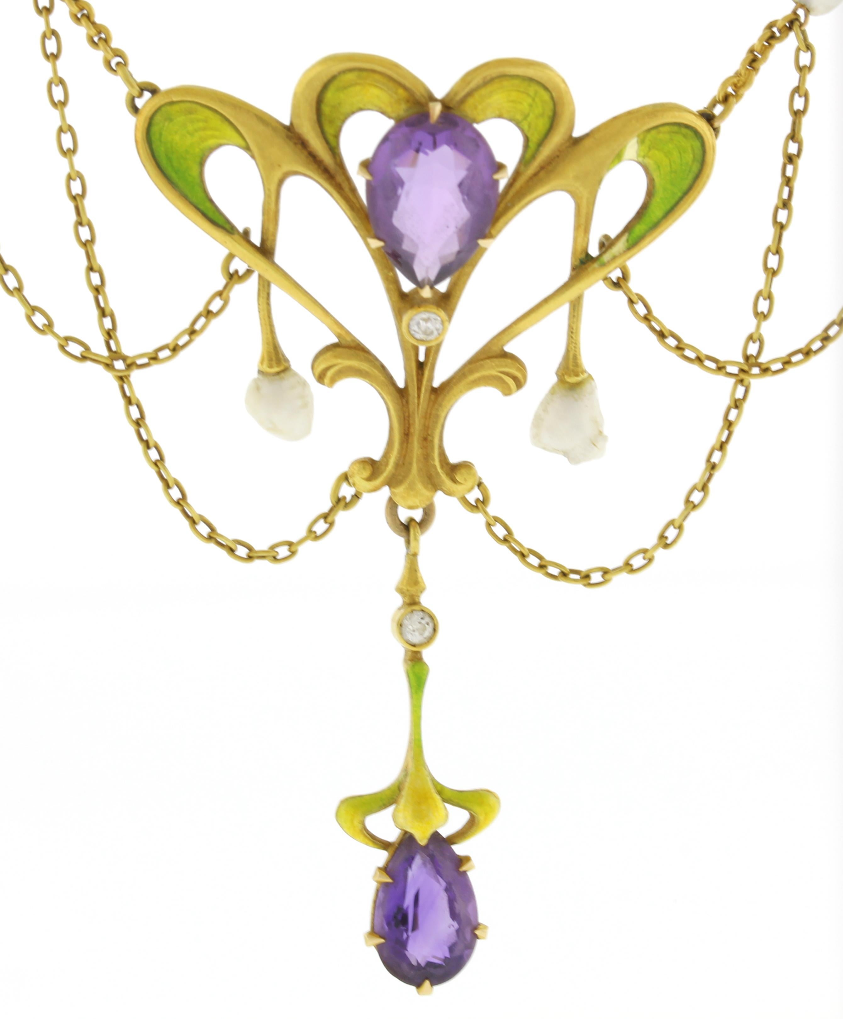Brilliant Cut Art Nouveau Amethyst, Pearl and Diamond Festoon Necklace