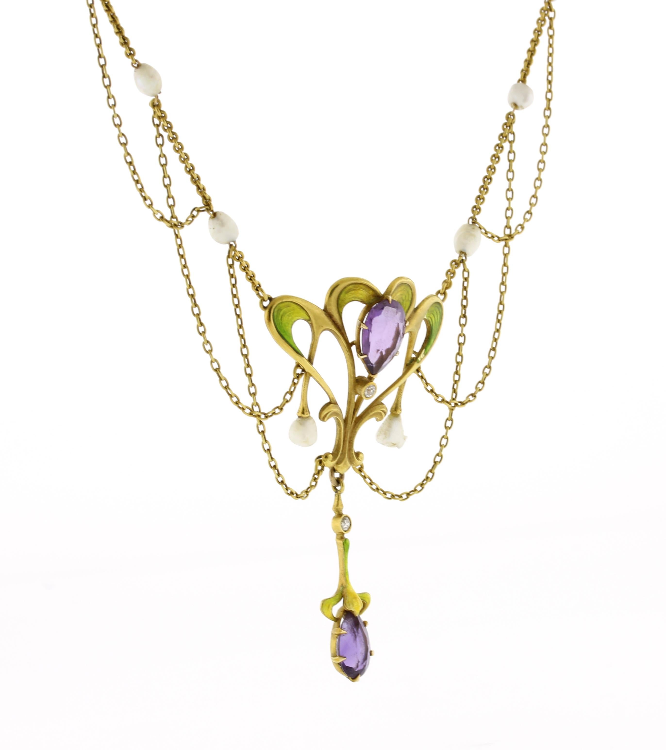 Art Nouveau Amethyst, Pearl and Diamond Festoon Necklace In Good Condition In Bethesda, MD