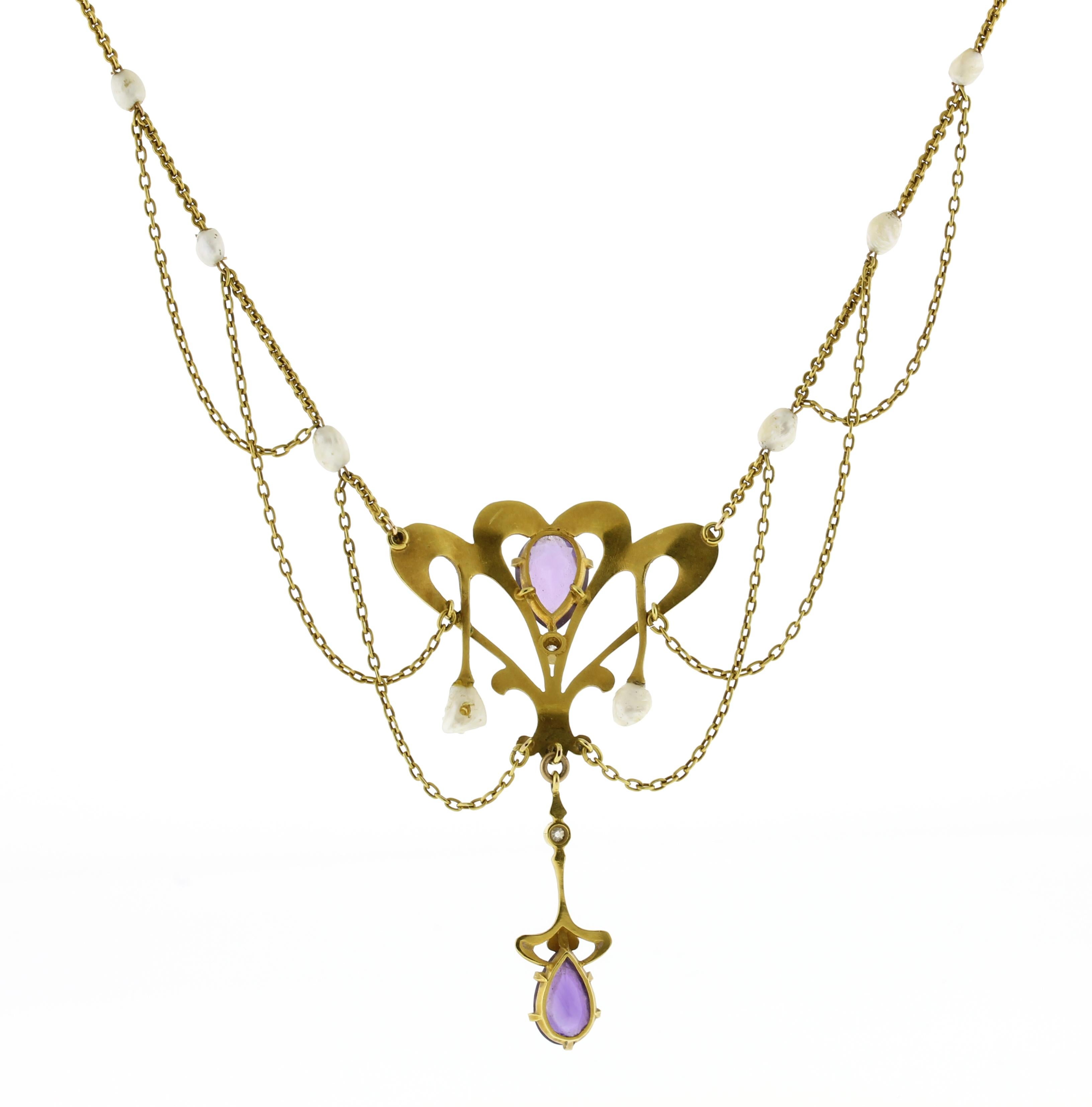 Women's or Men's Art Nouveau Amethyst, Pearl and Diamond Festoon Necklace