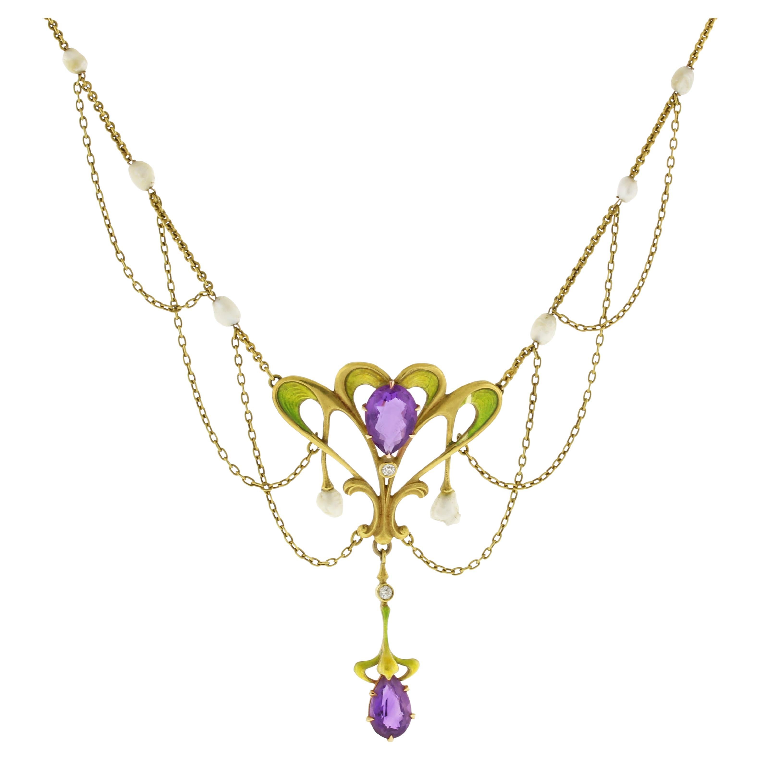 Art Nouveau Amethyst, Pearl and Diamond Festoon Necklace