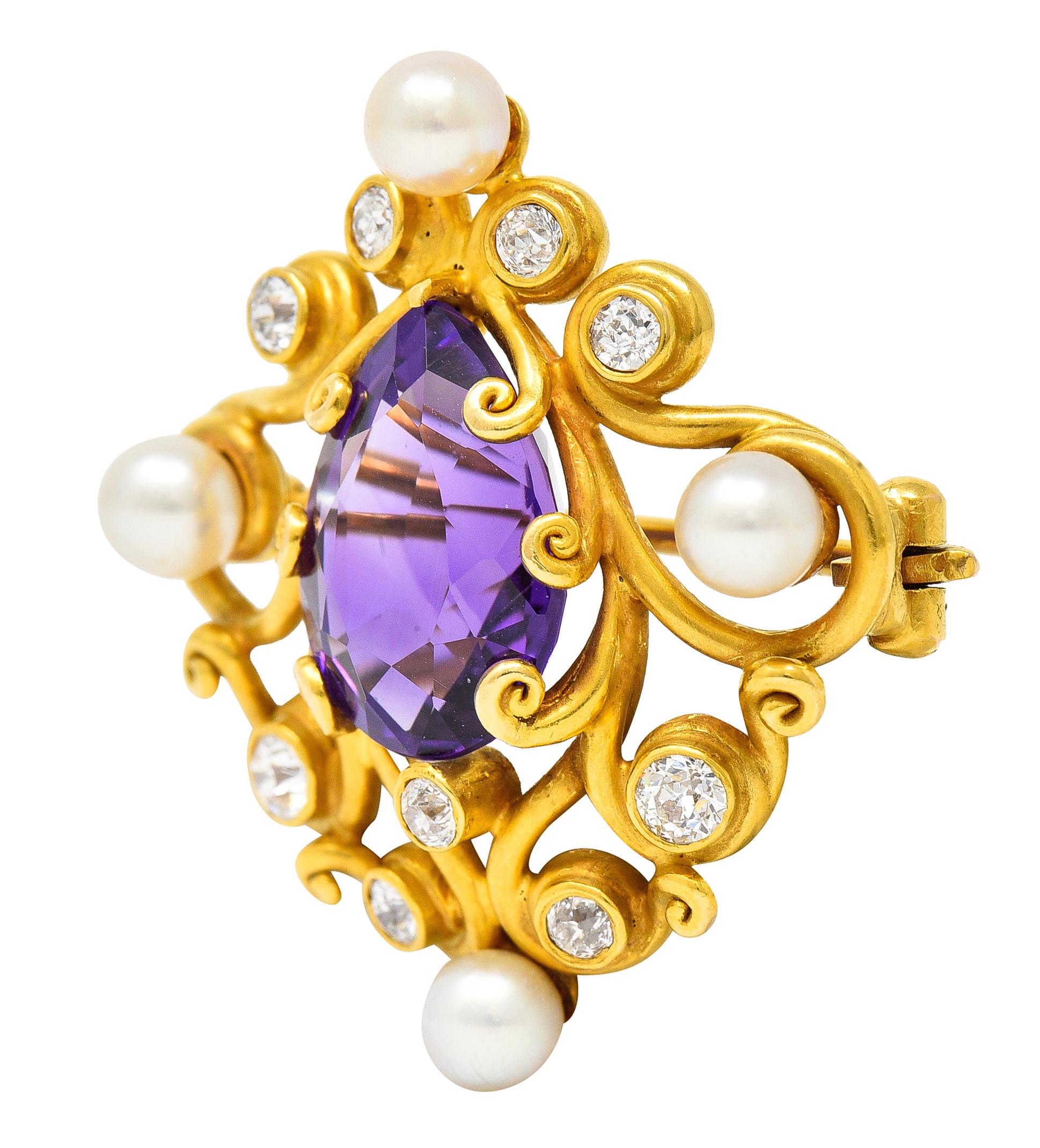 Art Nouveau Amethyst Pearl Diamond 18 Karat Yellow Gold Brooch In Excellent Condition In Philadelphia, PA