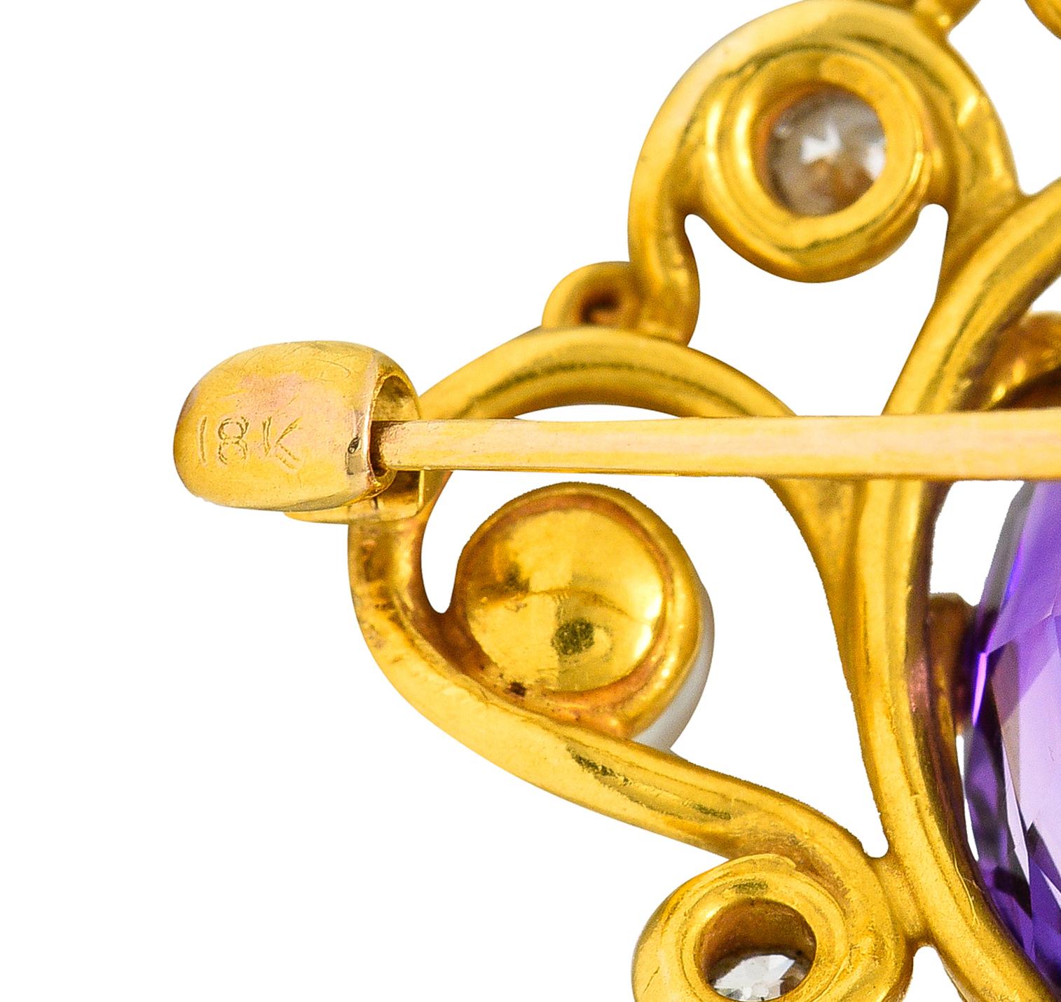 Men's Art Nouveau Amethyst Pearl Diamond 18 Karat Yellow Gold Brooch