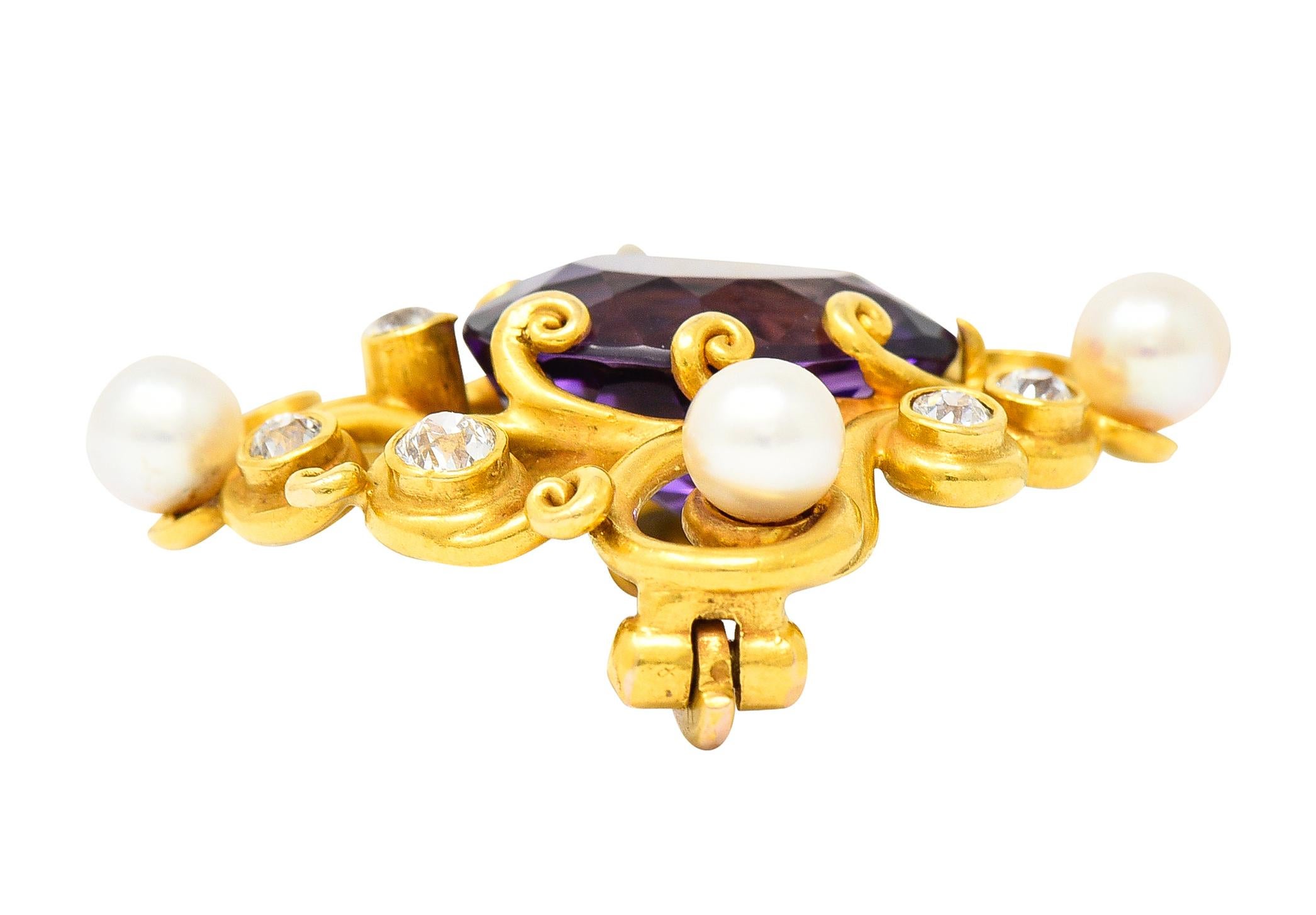 Art Nouveau Amethyst Pearl Diamond 18 Karat Yellow Gold Brooch 1