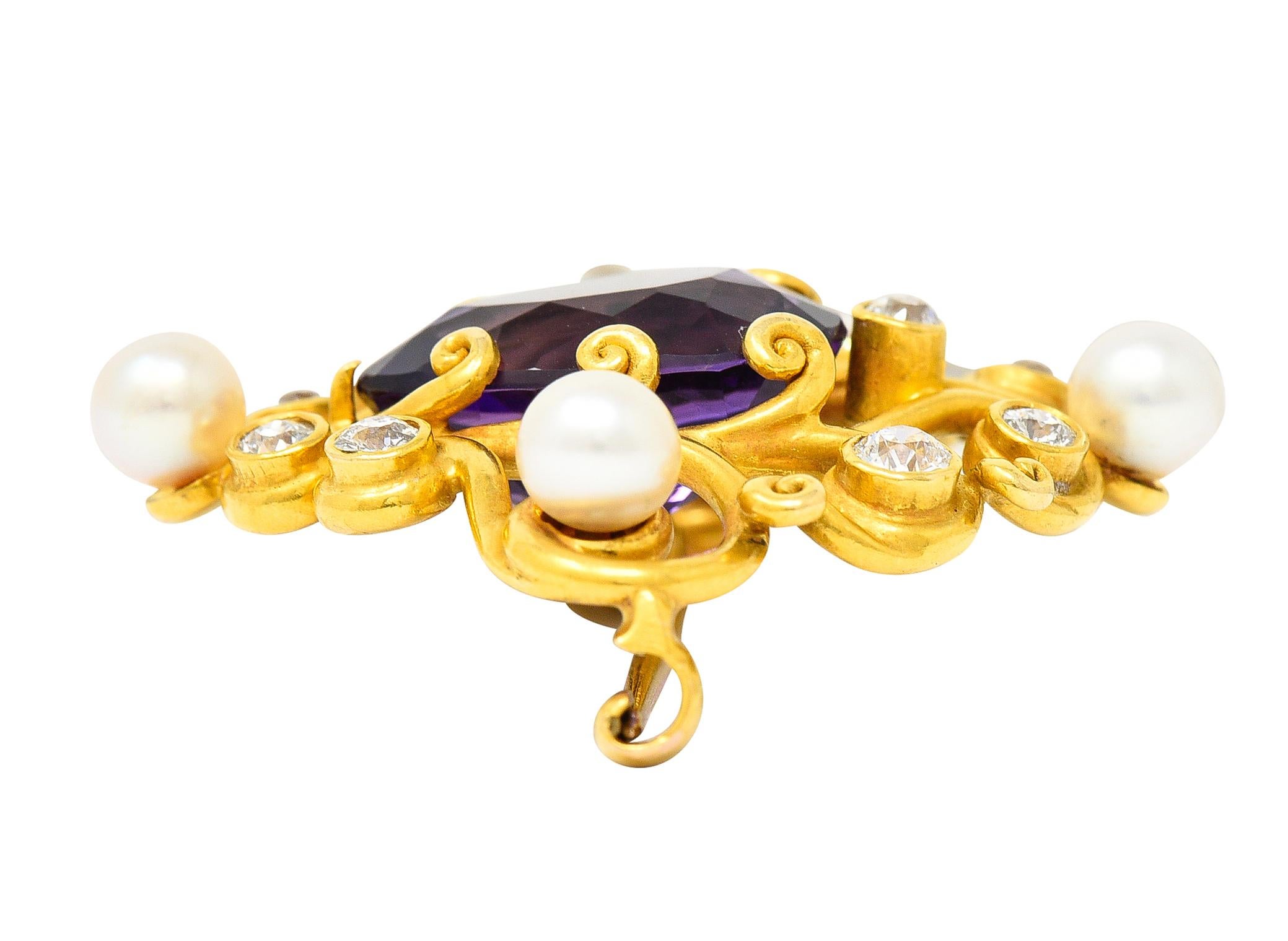 Art Nouveau Amethyst Pearl Diamond 18 Karat Yellow Gold Brooch 3