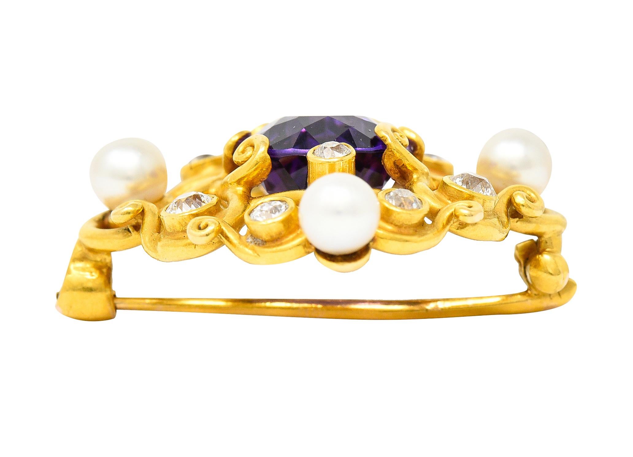 Art Nouveau Amethyst Pearl Diamond 18 Karat Yellow Gold Brooch 4