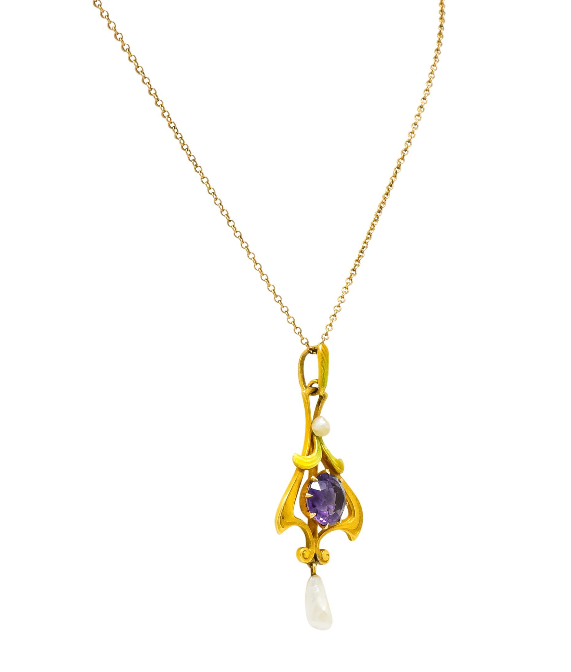 Art Nouveau Amethyst Pearl Enamel 14 Karat Gold Pendant Necklace In Excellent Condition In Philadelphia, PA