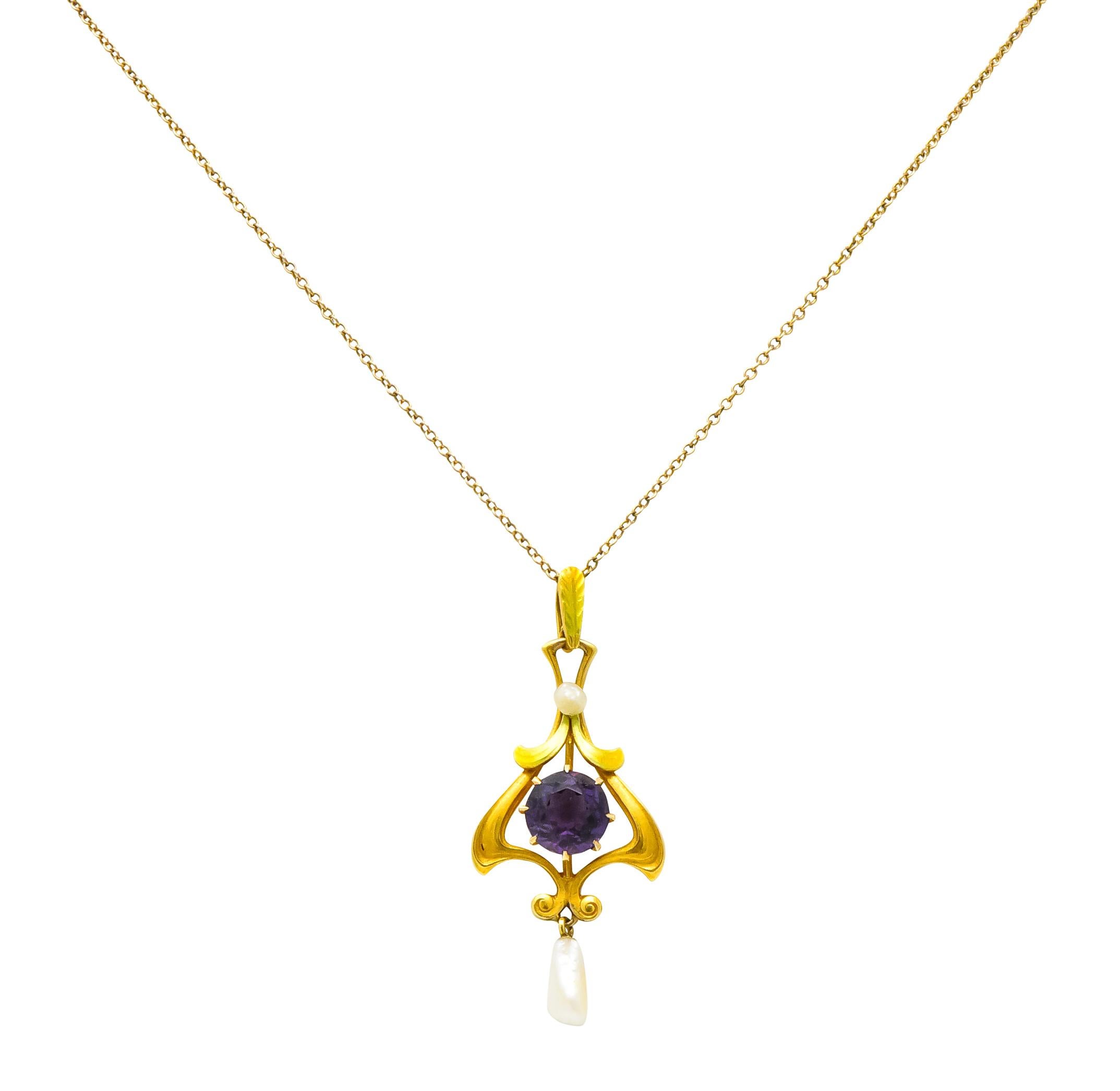 Art Nouveau Amethyst Pearl Enamel 14 Karat Gold Pendant Necklace 3