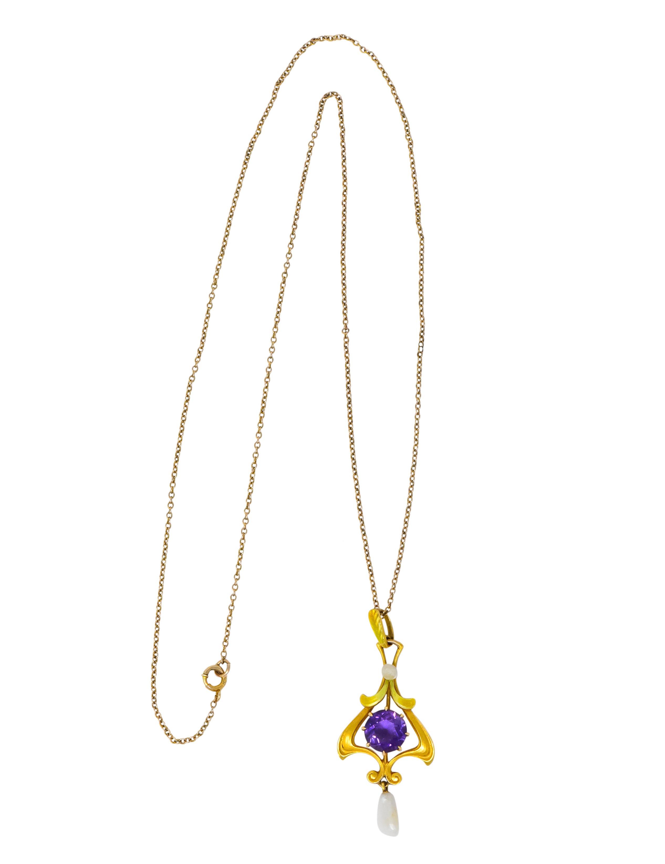 Art Nouveau Amethyst Pearl Enamel 14 Karat Gold Pendant Necklace 4