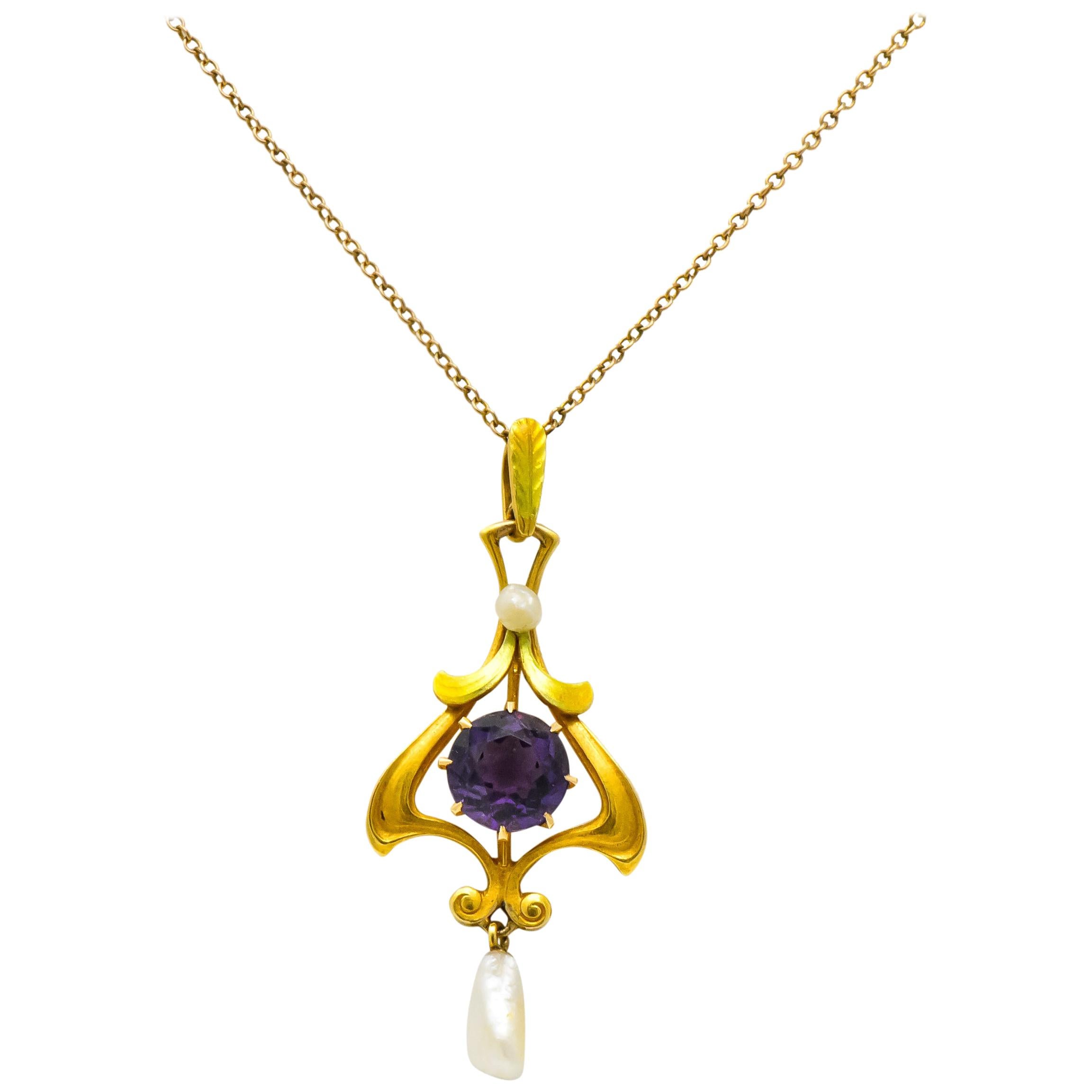 Art Nouveau Amethyst Pearl Enamel 14 Karat Gold Pendant Necklace