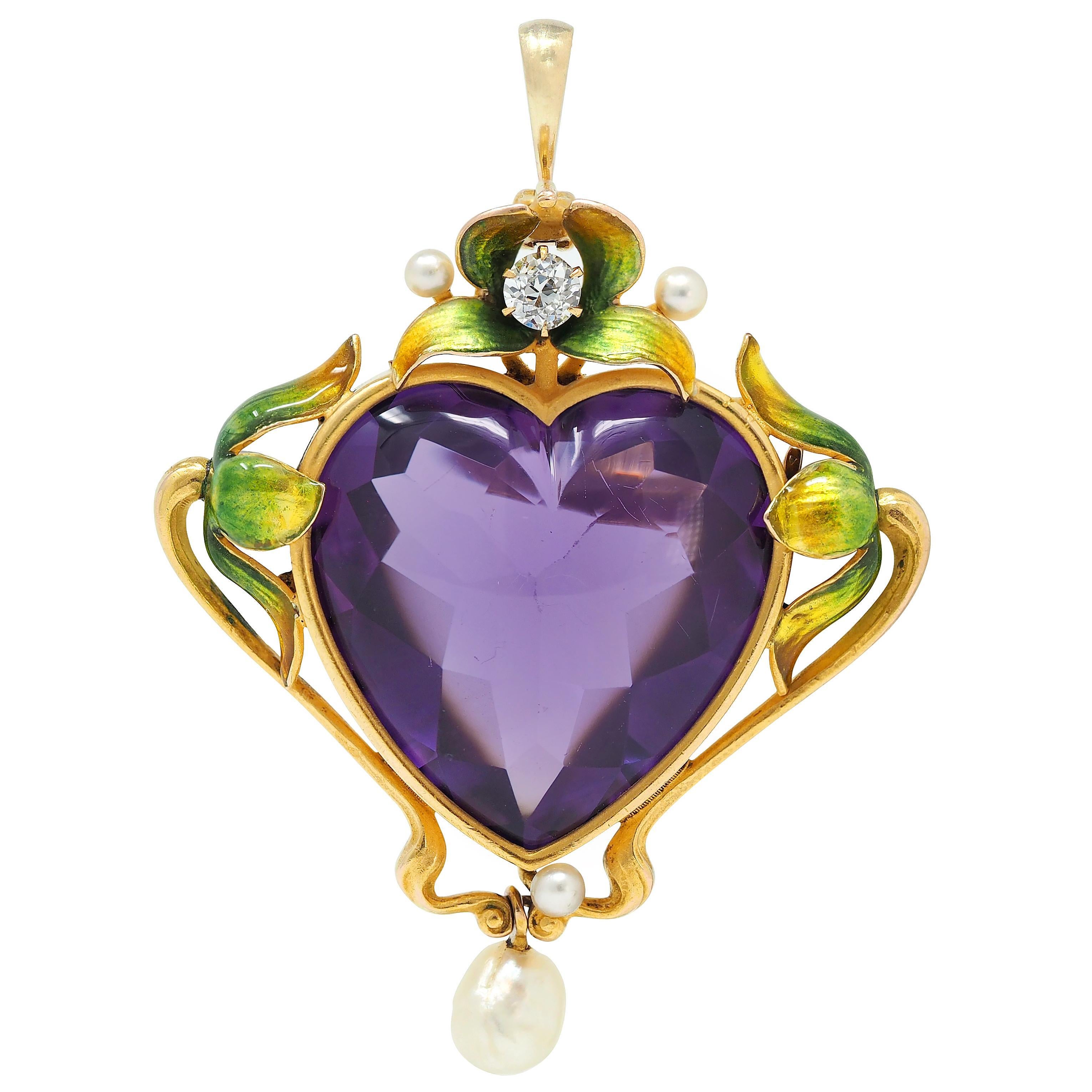 Jugendstil Amethyst Perle Emaille 18K Gold Antik Blattwerk Herz-Anhänger Brosche (Art nouveau) im Angebot