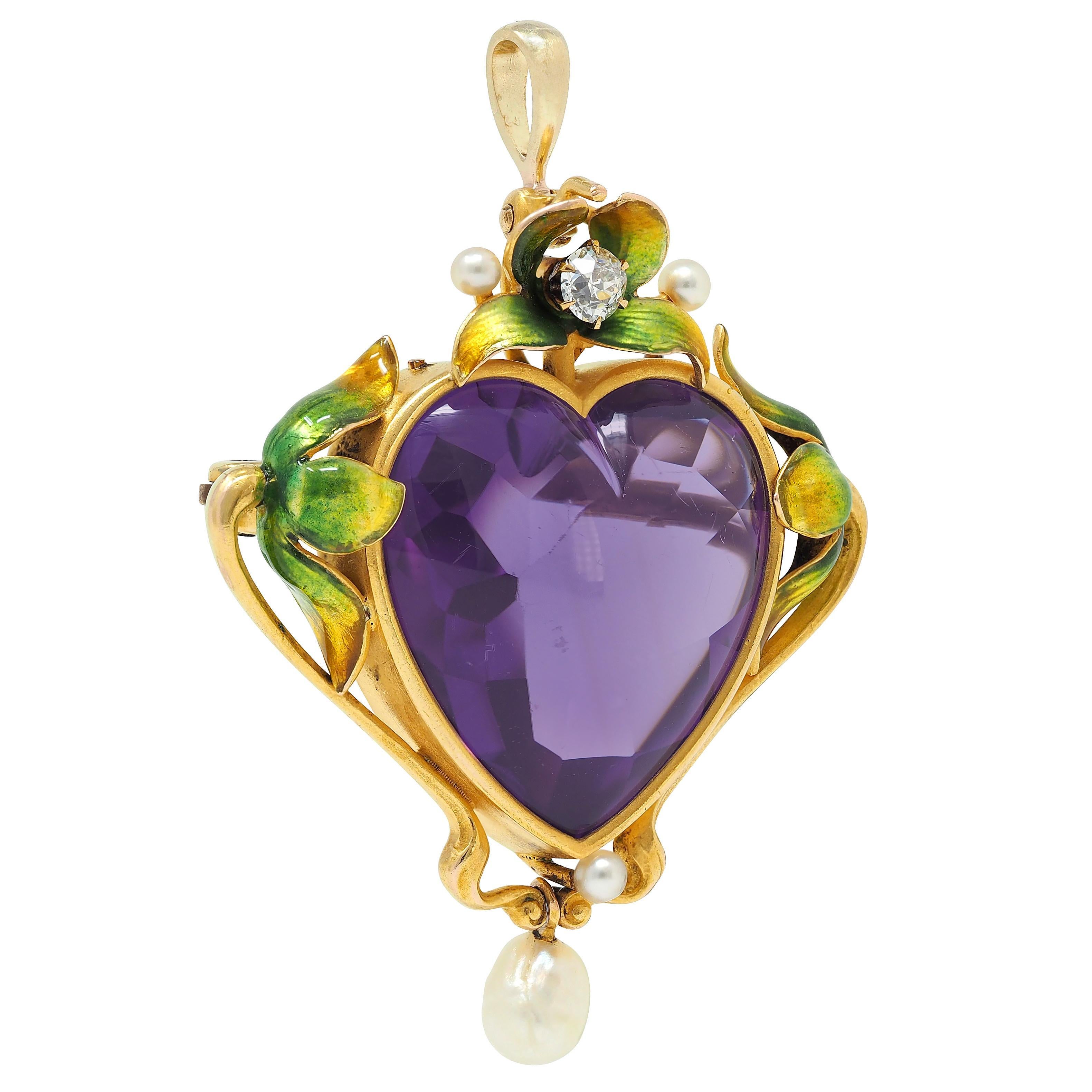 Jugendstil Amethyst Perle Emaille 18K Gold Antik Blattwerk Herz-Anhänger Brosche (Herzschliff) im Angebot