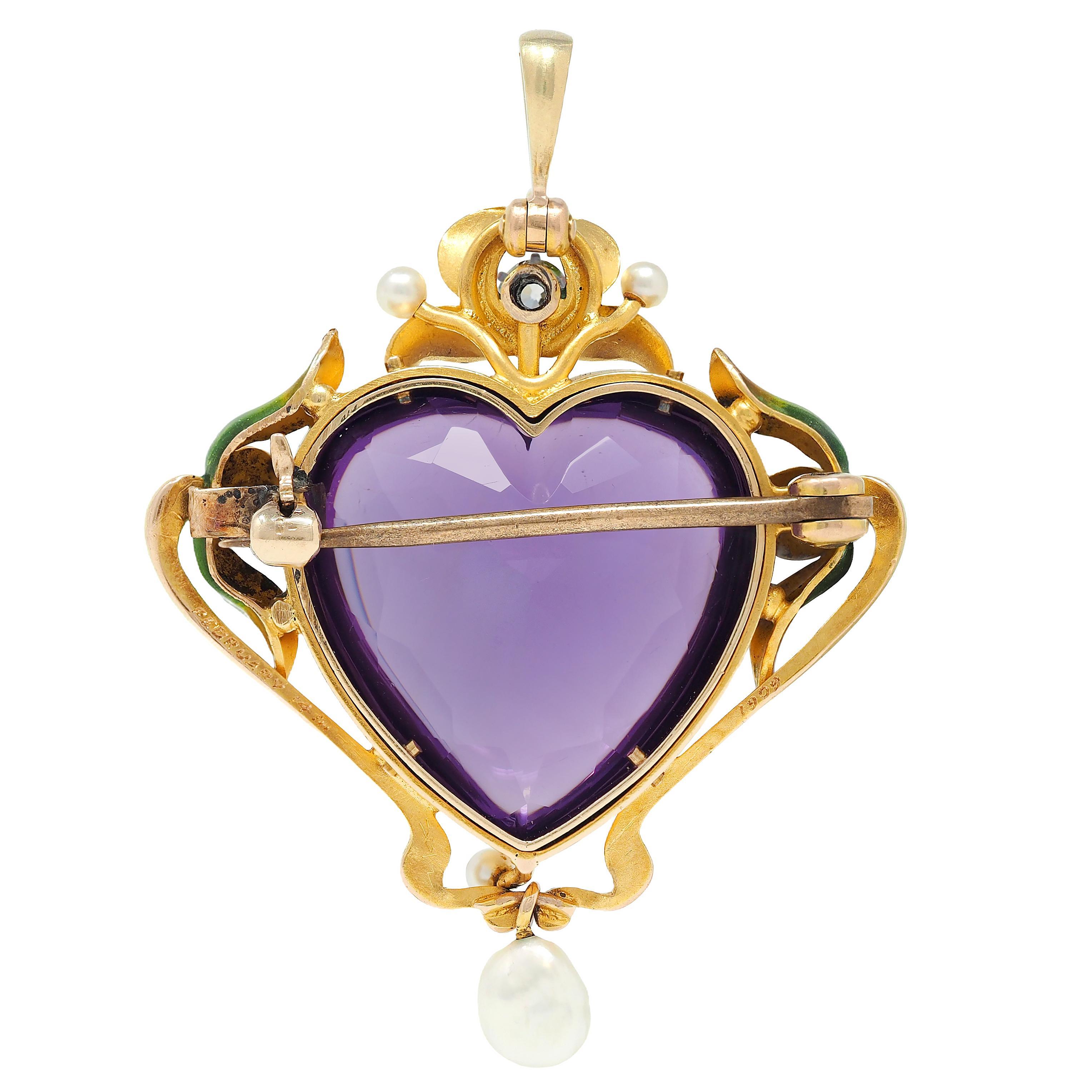 Jugendstil Amethyst Perle Emaille 18K Gold Antik Blattwerk Herz-Anhänger Brosche im Zustand „Hervorragend“ im Angebot in Philadelphia, PA