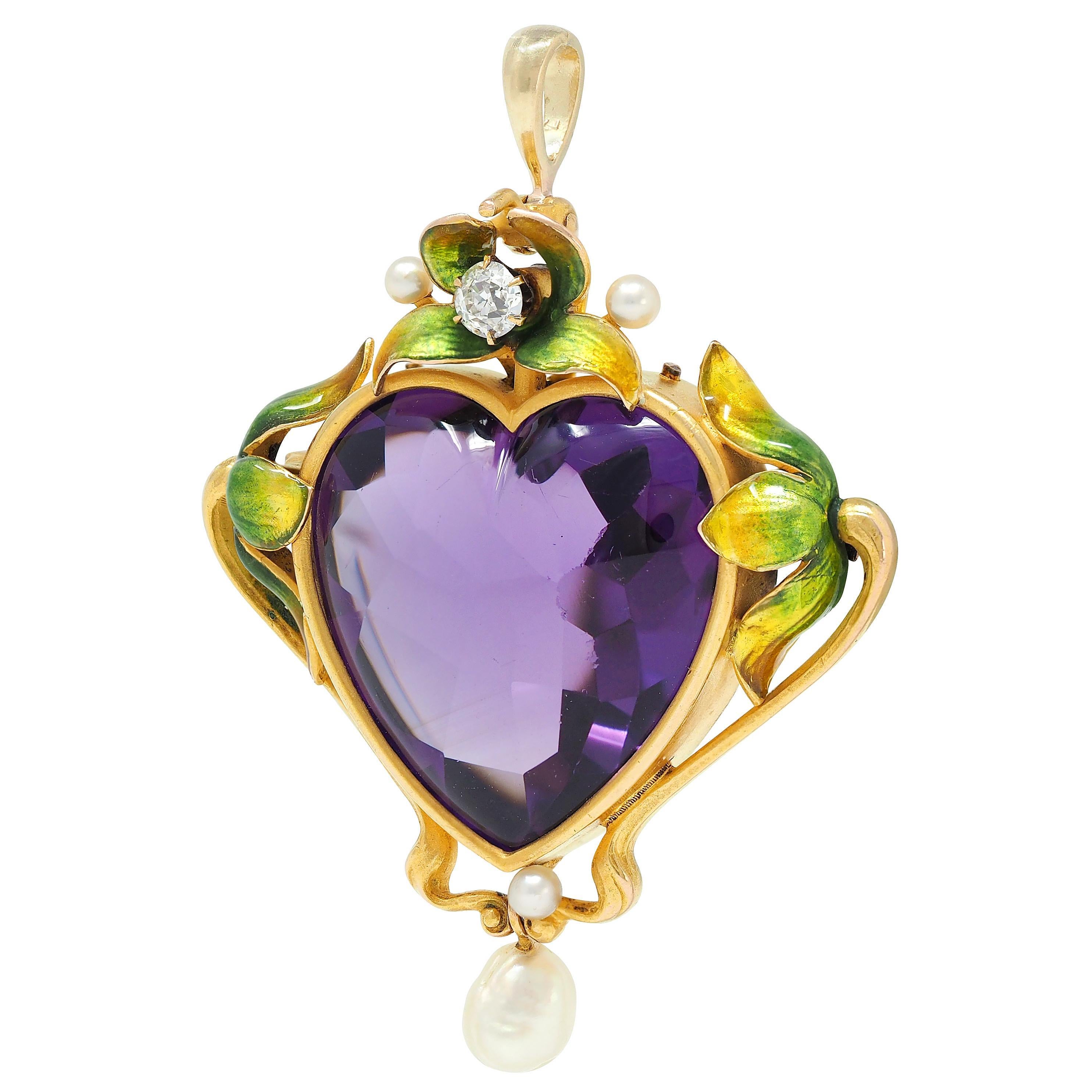 Jugendstil Amethyst Perle Emaille 18K Gold Antik Blattwerk Herz-Anhänger Brosche Damen im Angebot
