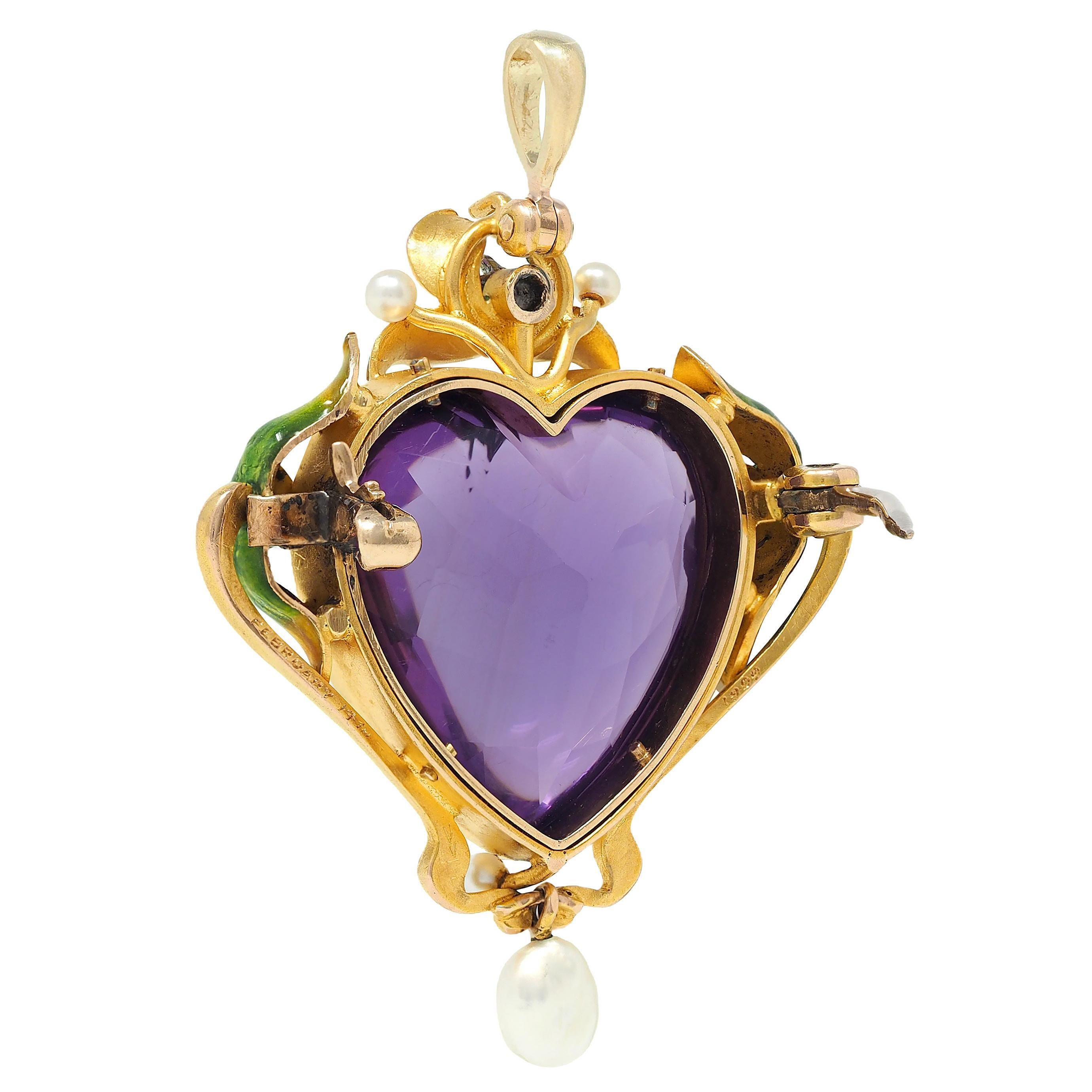 Jugendstil Amethyst Perle Emaille 18K Gold Antik Blattwerk Herz-Anhänger Brosche im Angebot 1