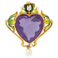 Jugendstil Amethyst Perle Emaille 18K Gold Antik Blattwerk Herz-Anhänger Brosche