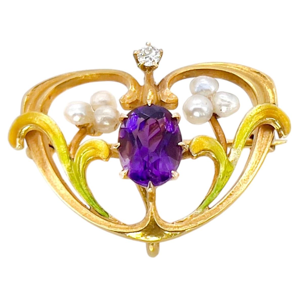 Art Nouveau Amethyst, Pearl & Enamel Brooch, Watch Pin, 14K