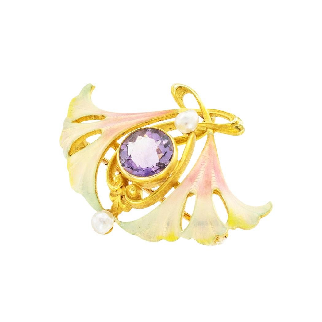 Art Nouveau amethyst pearl and enamel brooch by Whiteside & Blank circa 1905. *

ABOUT THIS ITEM:  #P-DJ48D. Scroll down for detailed specifications.  The design centers upon an amethyst dotted to the north and south by a pair of small pearls, all