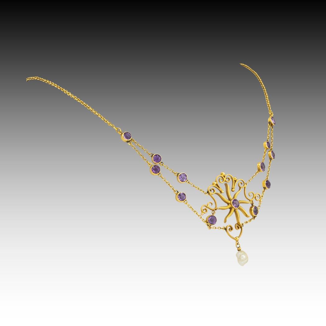 Round Cut Art Nouveau Amethyst Pearl Gold Necklace