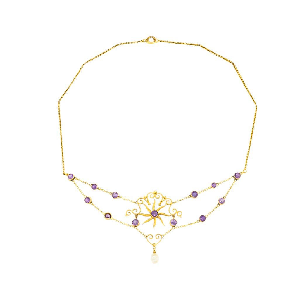 Women's Art Nouveau Amethyst Pearl Gold Necklace