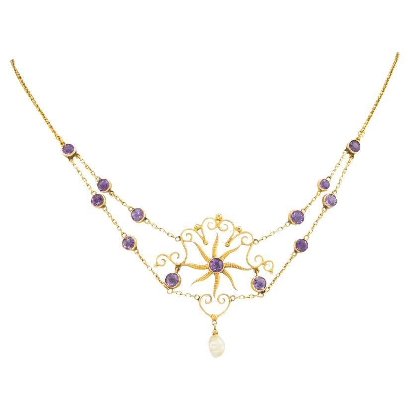 Art Nouveau Amethyst Pearl Gold Necklace