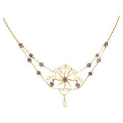 Antique Art Nouveau Amethyst Pearl Gold Necklace