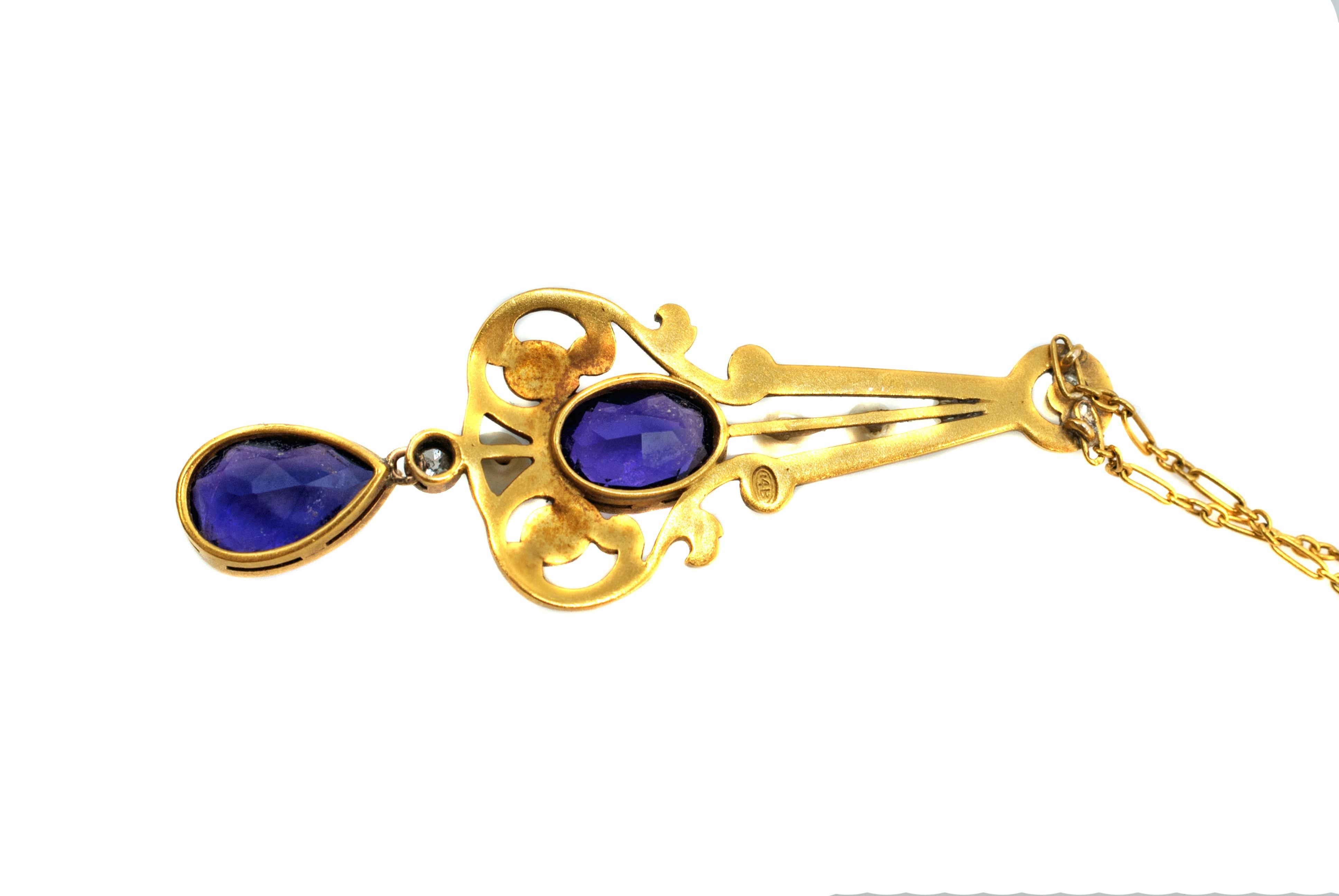 Art Nouveau Amethyst Pearl Gold Pendant 1