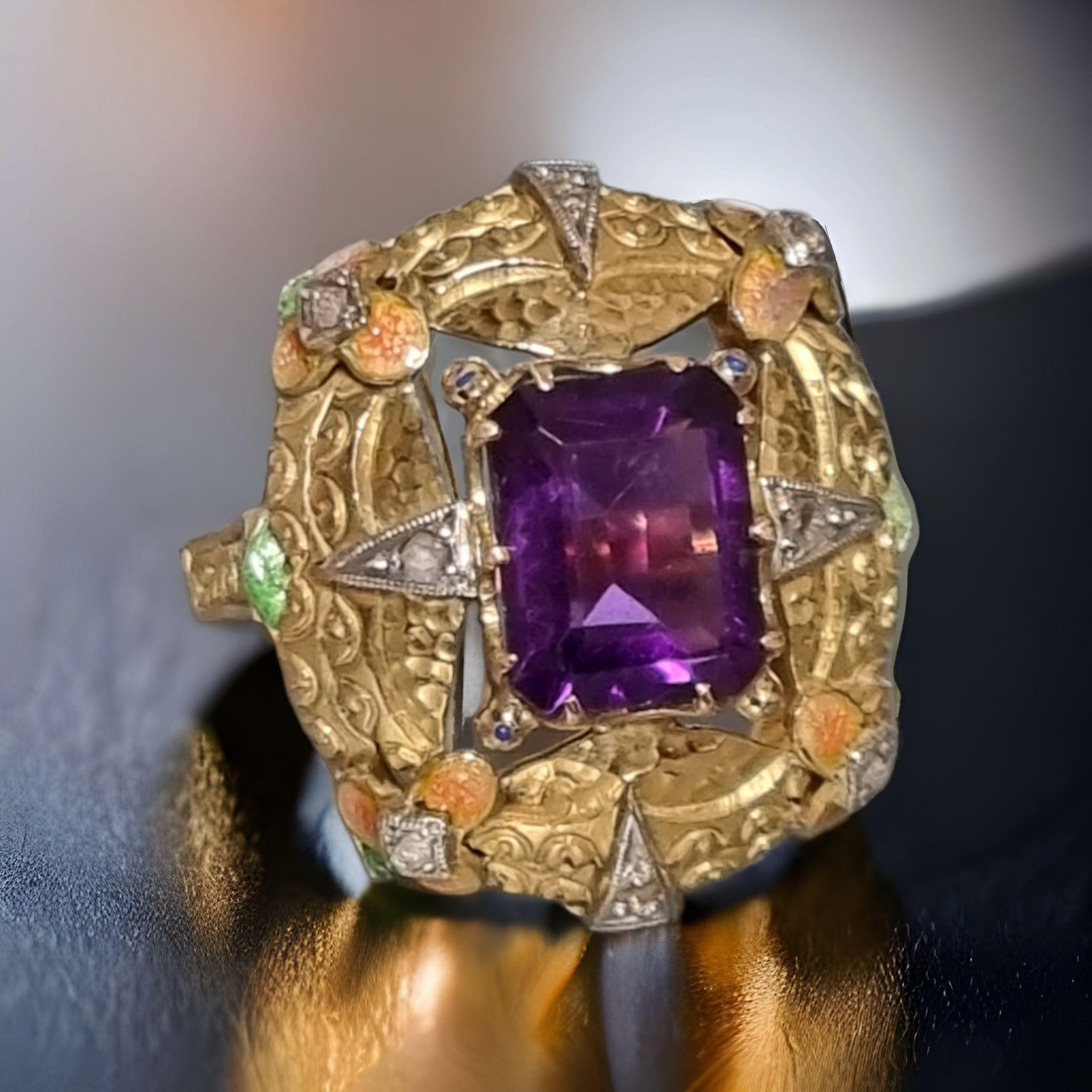 Emerald Cut Art Nouveau Amethyst Ring with Enamel & Diamonds For Sale