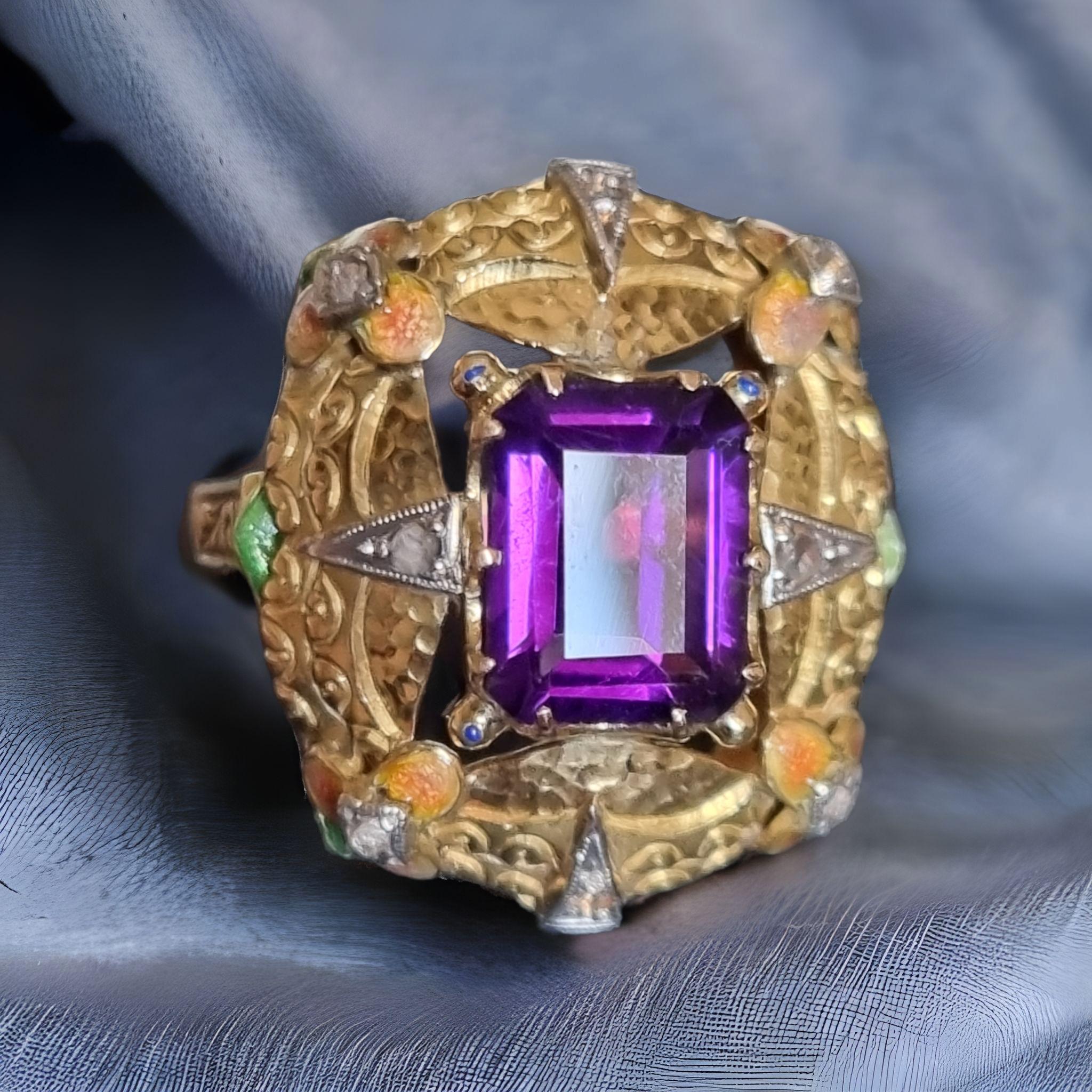 Jugendstil- Amethyst-Ring mit Emaille und Diamanten im Zustand „Gut“ im Angebot in OVIEDO, AS