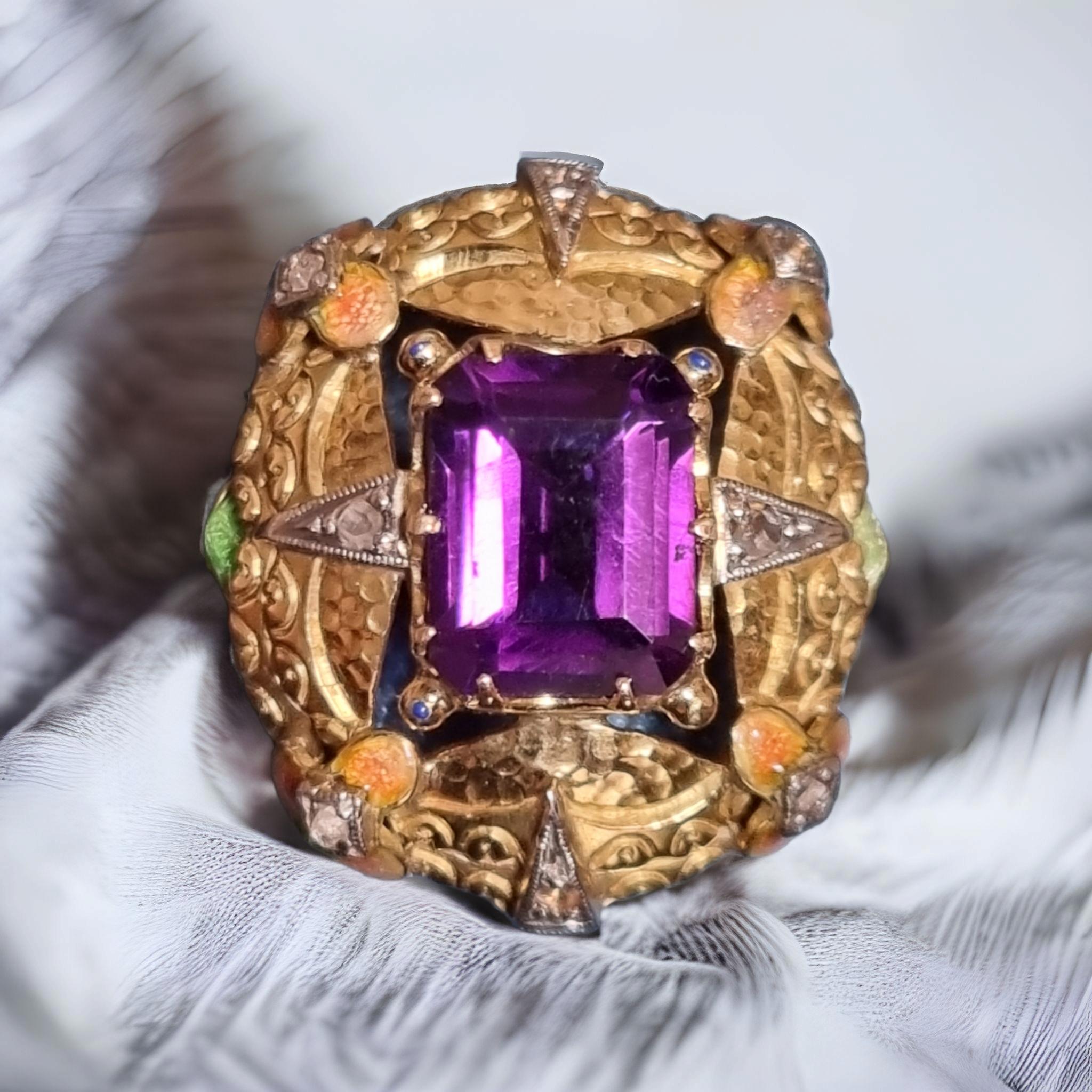 Art Nouveau Amethyst Ring with Enamel & Diamonds For Sale 1