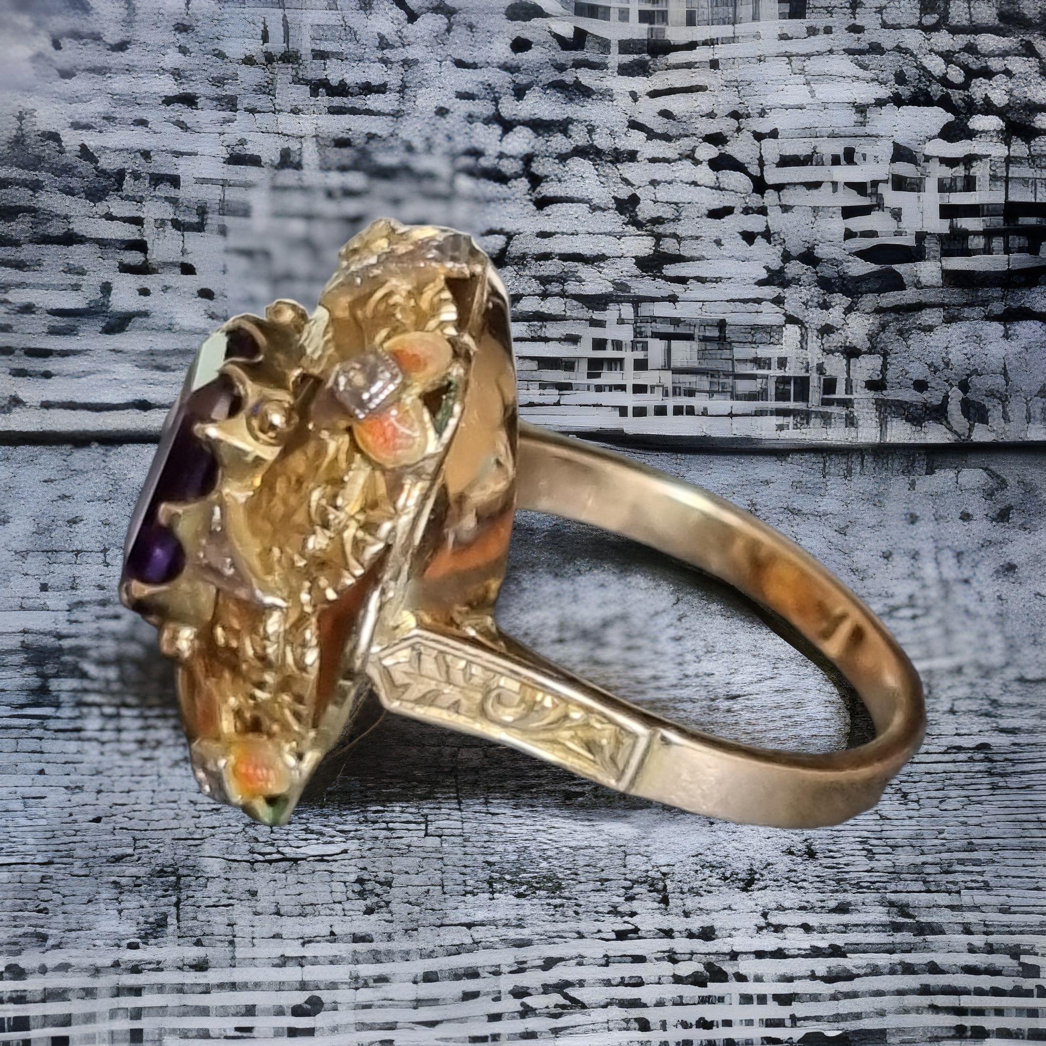 Art Nouveau Amethyst Ring with Enamel & Diamonds For Sale 2