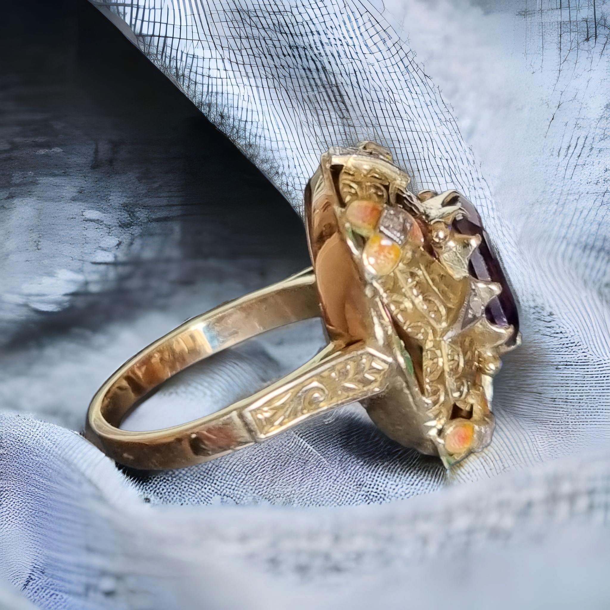 Art Nouveau Amethyst Ring with Enamel & Diamonds For Sale 3