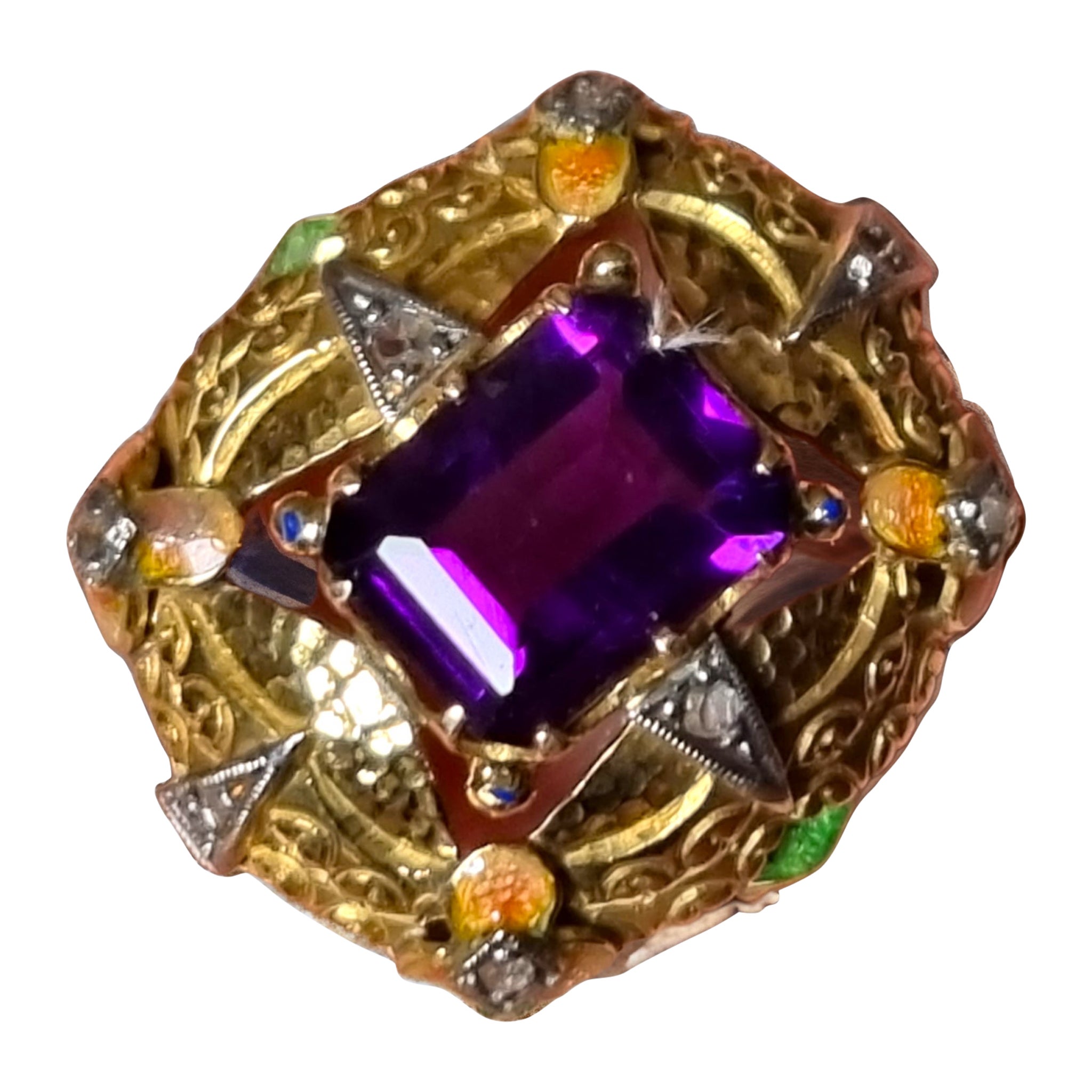 Anello Art Nouveau con ametista, smalto e diamanti