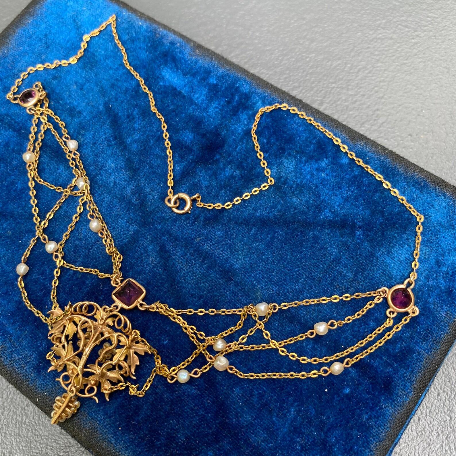 Collier feston Art nouveau en or, améthyste et perles naturelles Bon état - En vente à Plainsboro, NJ