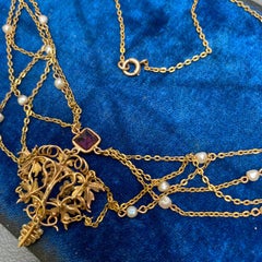 Antique Art Nouveau Gold Amethyst and Seed Pearls Festoon Necklace
