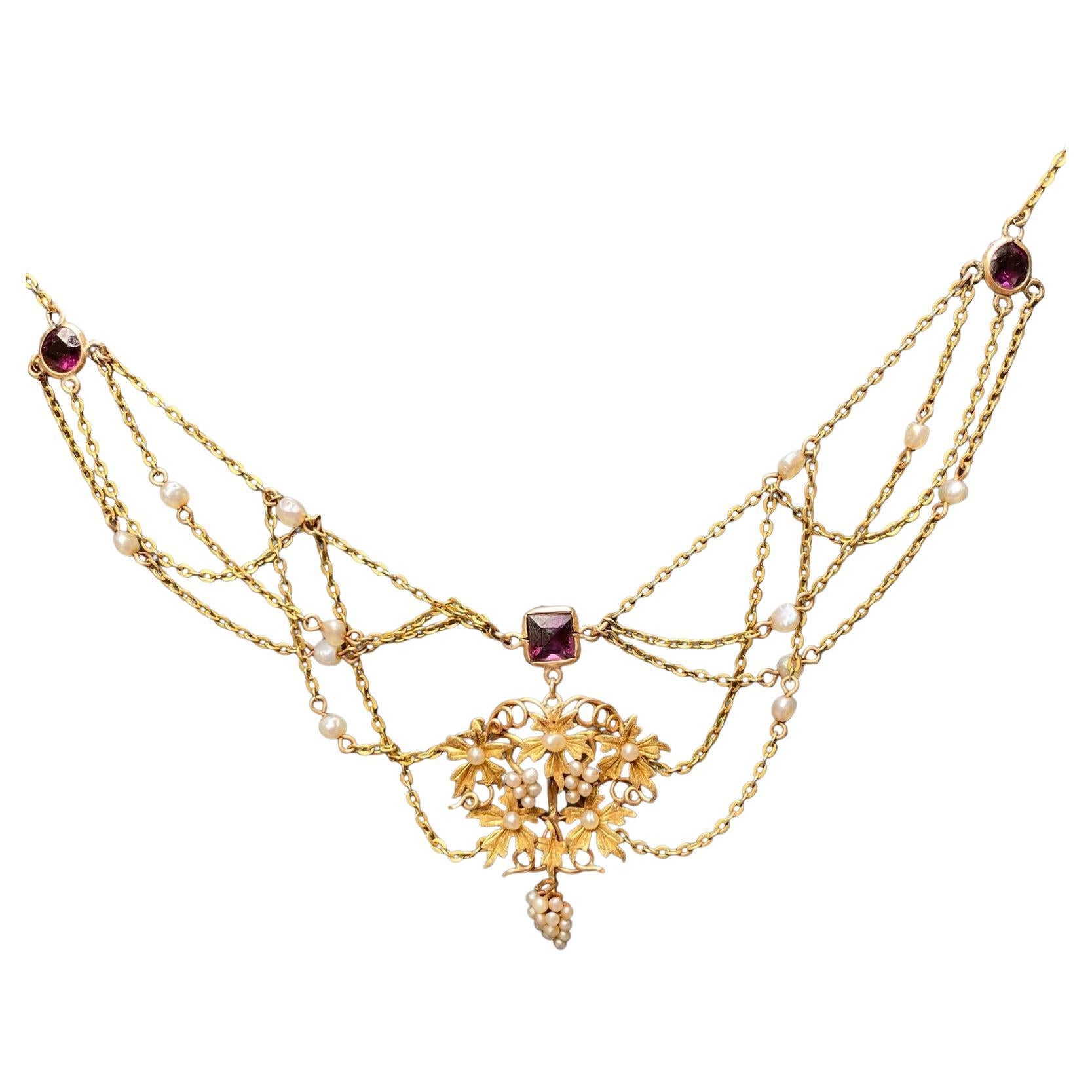 Art Nouveau Amethyst Seed Pearls Festoon Necklace Gold For Sale