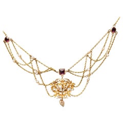 Art Nouveau Amethyst Seed Pearls Festoon Necklace Gold